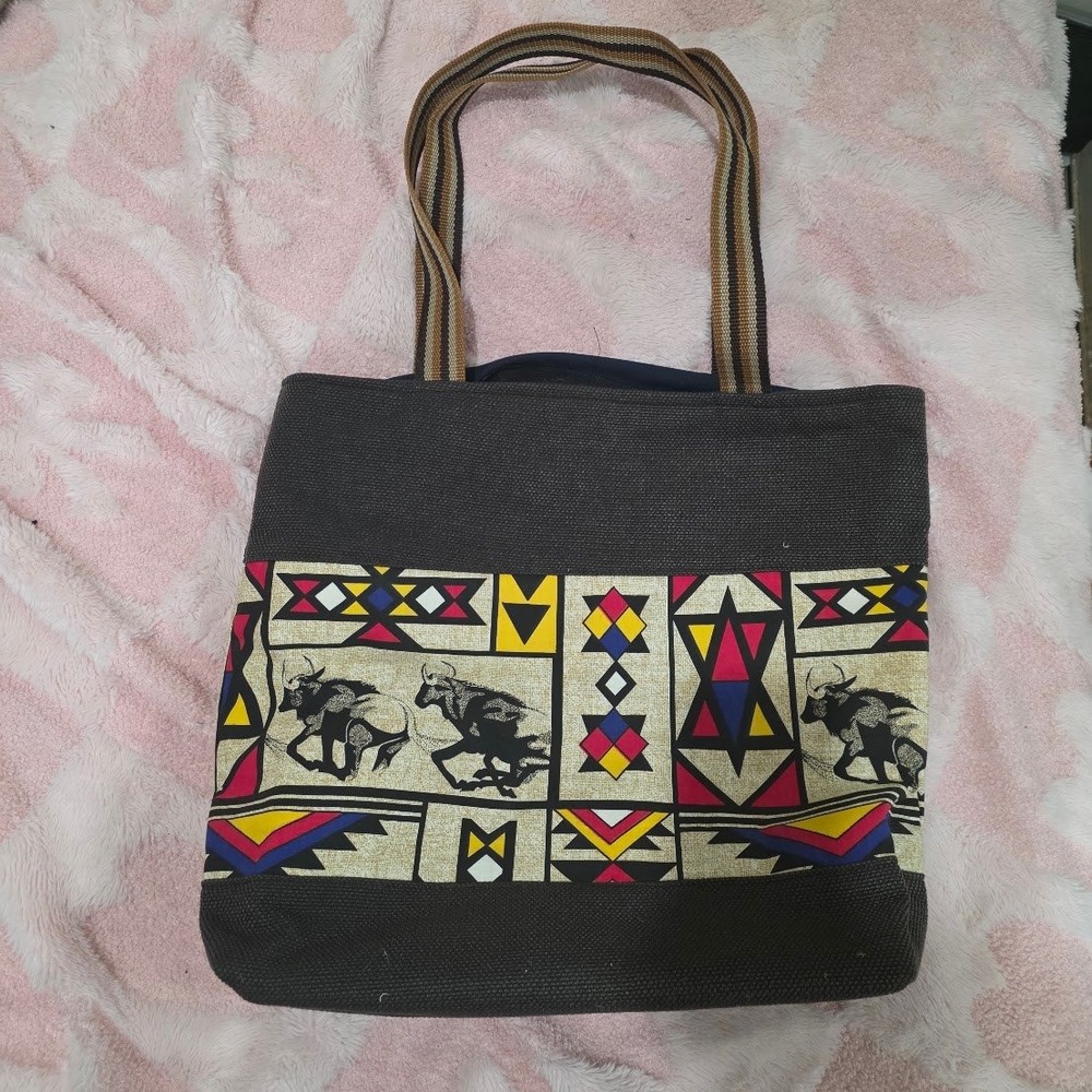 African Tribal Print Canvas Tote Bag Wildebeest Safari Geometric Shopper Grey